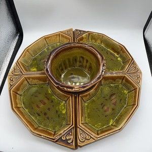 Vintage California USA Cal Orig Pottery Open Chip & Dip Set 1710 1709 Brown Gold